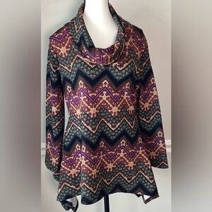 Boho Chevron Zigzag Tunic Medium Cowl Neck Asymmetrical Earthy Top Robert Louis